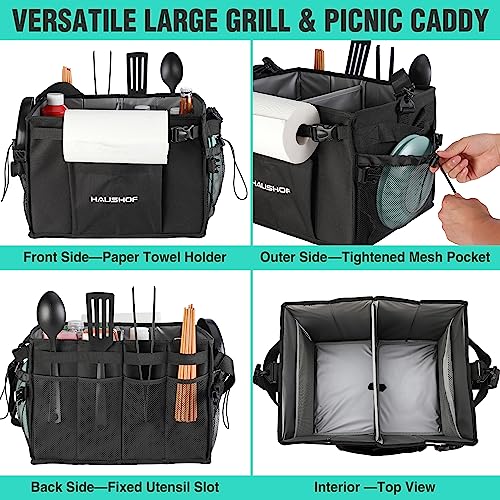 HAUSHOF Large Grill and Picnic Caddy with Paper Towel Holder, Condiment Pocket, Foldable BBQ Organizer Easy Carry Griddle Caddy for Camping, RV, Outdoor Waterproof Oxford Cloth (Black) - Image 4