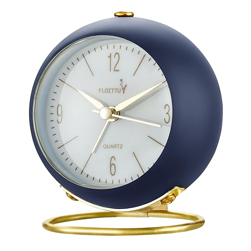 FLOITTUY Metal Silent Table Analog Alarm Clock No Ticking, Lighted on Demand and Battery Operated, Beep Sounds, Small Desk Clock(Navy Blue), 8.9 Cm - Image 1
