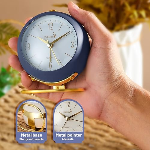 FLOITTUY Metal Silent Table Analog Alarm Clock No Ticking, Lighted on Demand and Battery Operated, Beep Sounds, Small Desk Clock(Navy Blue), 8.9 Cm - Image 4