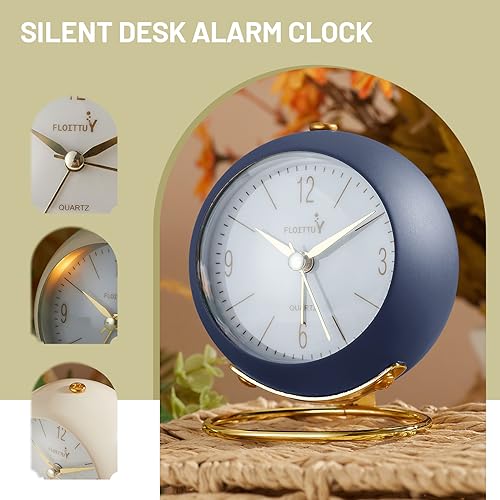 FLOITTUY Metal Silent Table Analog Alarm Clock No Ticking, Lighted on Demand and Battery Operated, Beep Sounds, Small Desk Clock(Navy Blue), 8.9 Cm - Image 2
