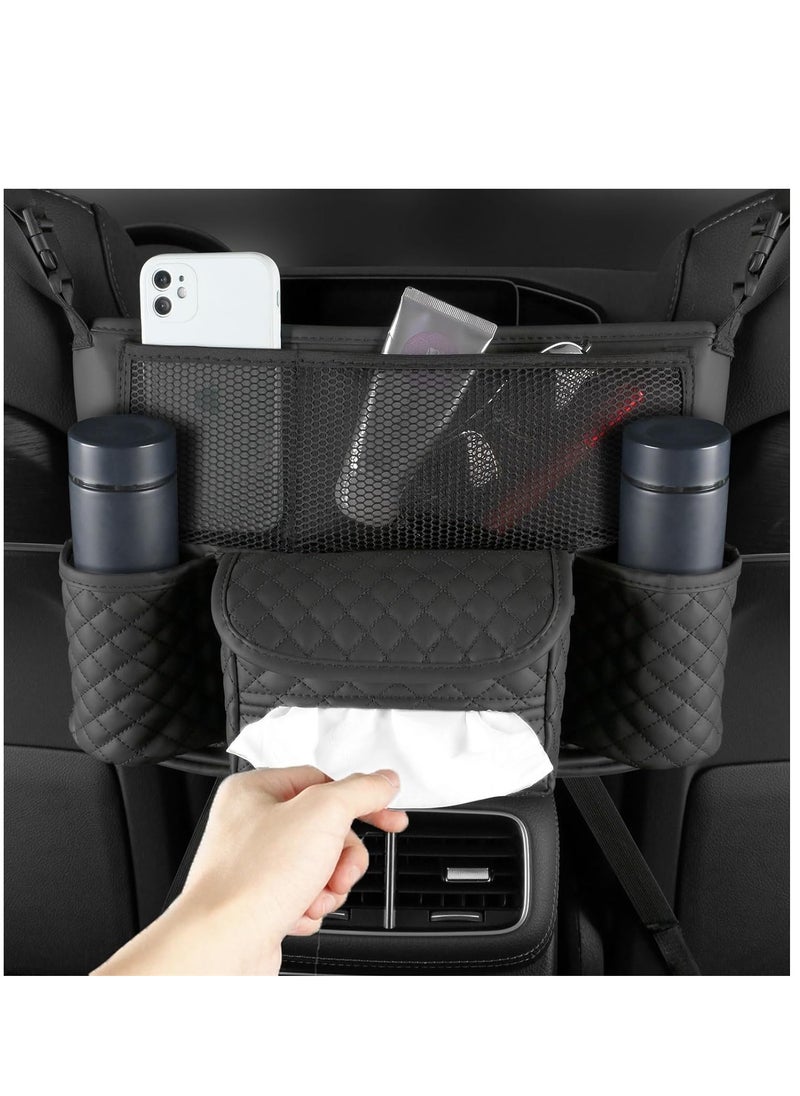 Generic Car Organizer Bag Between Seats Mesh Pocket Car Large Capacity Back Organizer Storage Purse Holder Blocking Pets With Children Obstacle Car Travel Accessories (Black)  - Image 1
