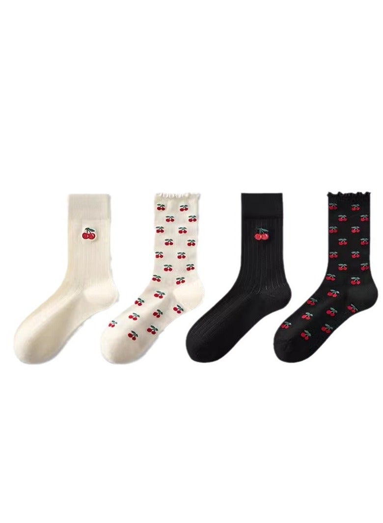 دوجويك 4 أزواج من الجوارب النسائية ذات الرقبة المستديرة ذات النمط الكرزي المكشكش، ناعمة ومريحة، تمتص العرق وجيدة التهوية، جوارب كاجوال عصرية، على طراز جامعي الأزياء الكورية، جوارب مريحة من القطن المخملي بدون عظم، جوارب طويلة على شكل باليه - Image 1