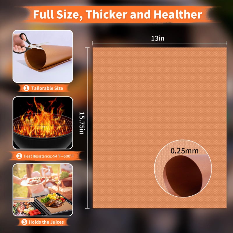 WIBIMEN Grill Mats for Outdoor Grill, Copper 7pcs Grill Mat, 100% Non-Stick PFOA Free 15.75 x 13", Heavy Duty, Reusable and Easy to Clean - Gas Charcoal & Electric BBQ - Image 2