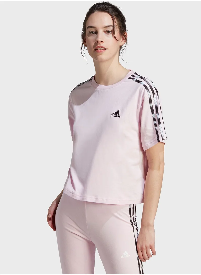 Adidas Vibrant Print 3-Stripes Cotton Crop T-Shirt