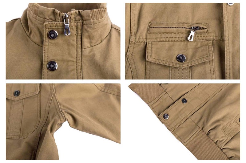 CRYSULLY معطف كاكي عسكري للرجال من كريسولي لفصل الربيع والخريف مقاوم للرياح بجيوب قطنية بسحاب كامل - Image 5