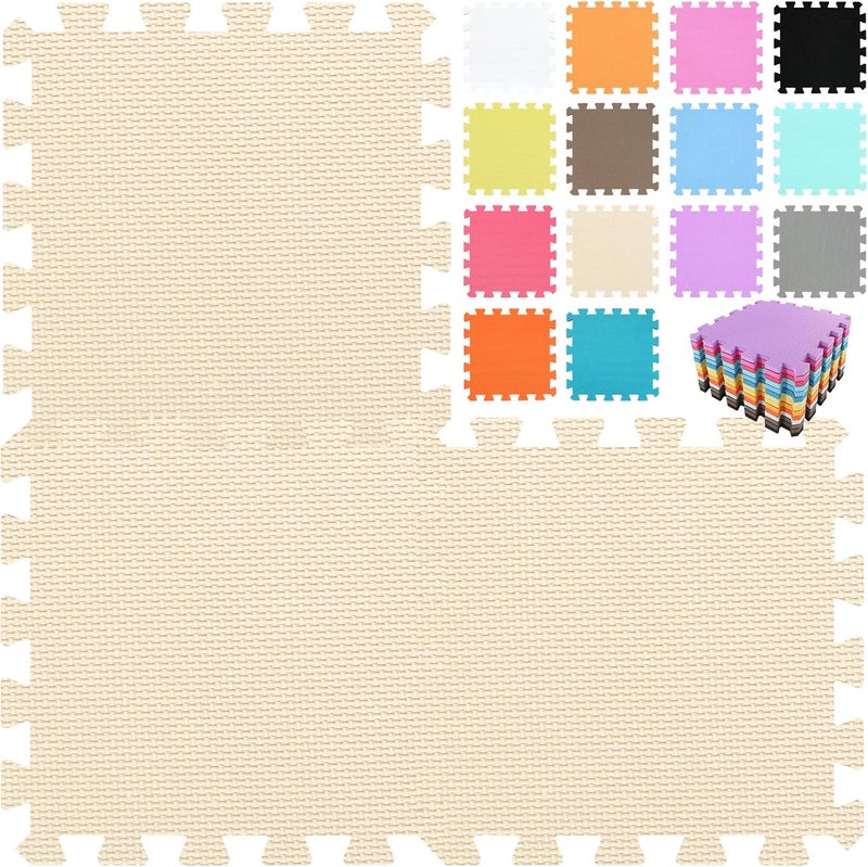 EVA Rubber 18 Tiles Interlocking Puzzle Foam Floor Mats - Baby Play Mat for Playing | Exercise Mat for Home Workout. Beige. QC-Jb18N - Image 1