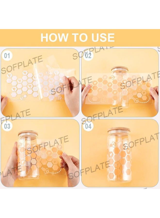 SOFPLATE 8Pcs 8 Styles Glass Cup Sticker Wrap UV DTF Cups Wraps Bulk Transparent Plastic Yellow Animals Bees Honey Comb Pattern Waterproof Decals Stickers for Tumblers Wood Decorations DIY Crafts - Image 3