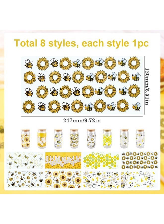 SOFPLATE 8Pcs 8 Styles Glass Cup Sticker Wrap UV DTF Cups Wraps Bulk Transparent Plastic Yellow Animals Bees Honey Comb Pattern Waterproof Decals Stickers for Tumblers Wood Decorations DIY Crafts - Image 2