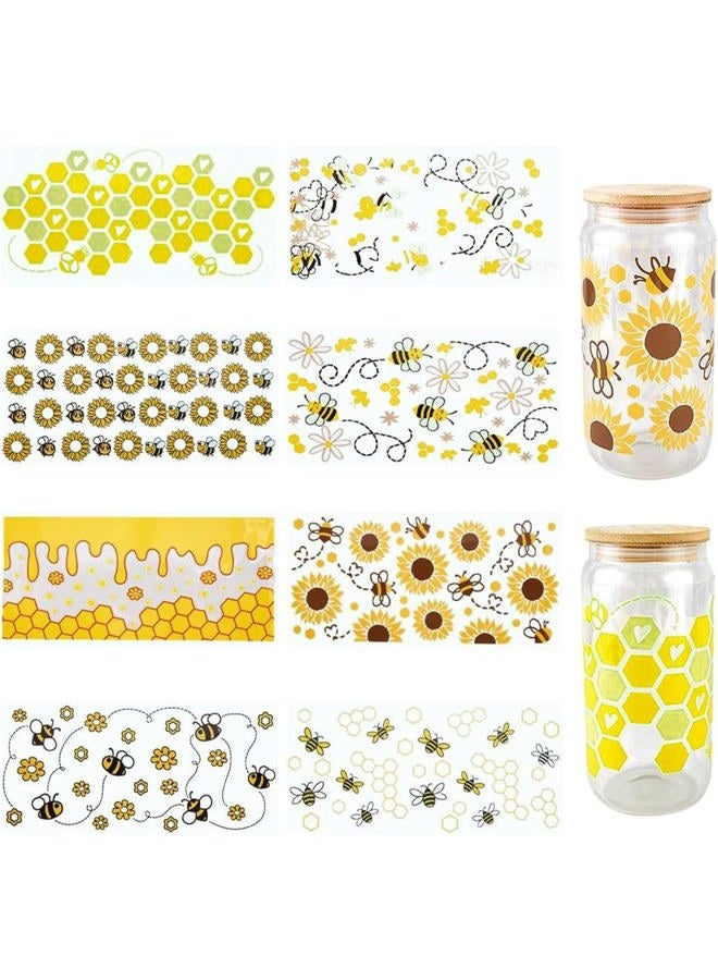 SOFPLATE 8Pcs 8 Styles Glass Cup Sticker Wrap UV DTF Cups Wraps Bulk Transparent Plastic Yellow Animals Bees Honey Comb Pattern Waterproof Decals Stickers for Tumblers Wood Decorations DIY Crafts - Image 1