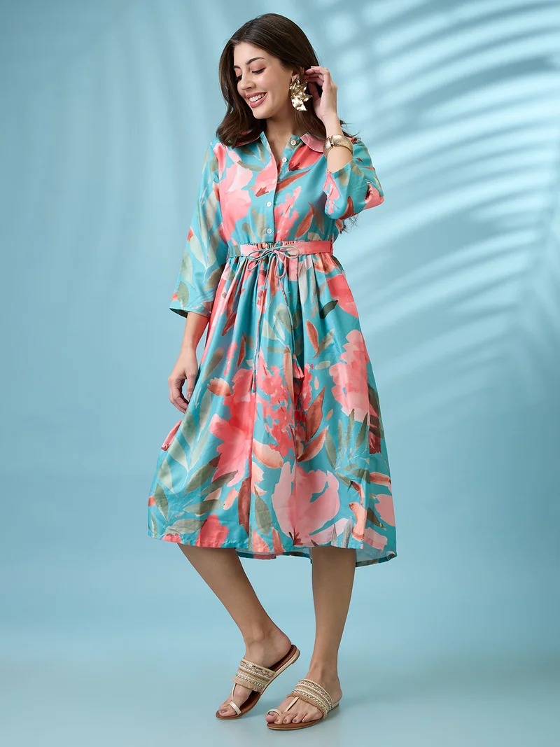 جلو باص Globus Women Green Floral Print Shirt Collar Gathered Fit and Flare Midi Fusion Dress With Belt