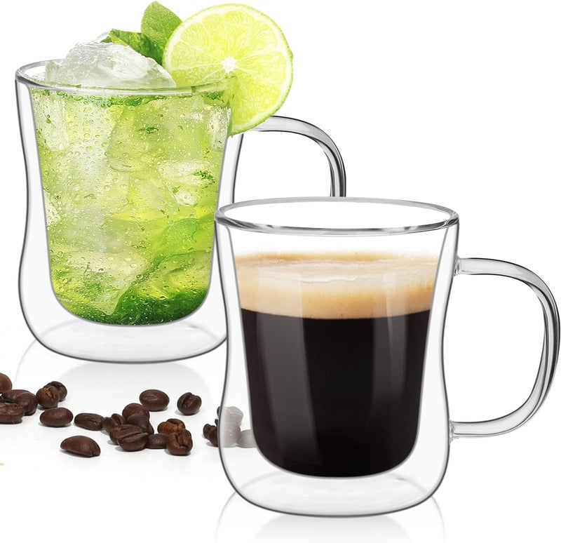 HOOJO® Double Wall Glass Coffee Mugs Set of 4, Thermal Insulated Borosilicate Glass Cappuccino Cups with Handle for Tea, Coffee, Latte, Cappuccino, Hot and Cold Drinks Beverages - Image 5
