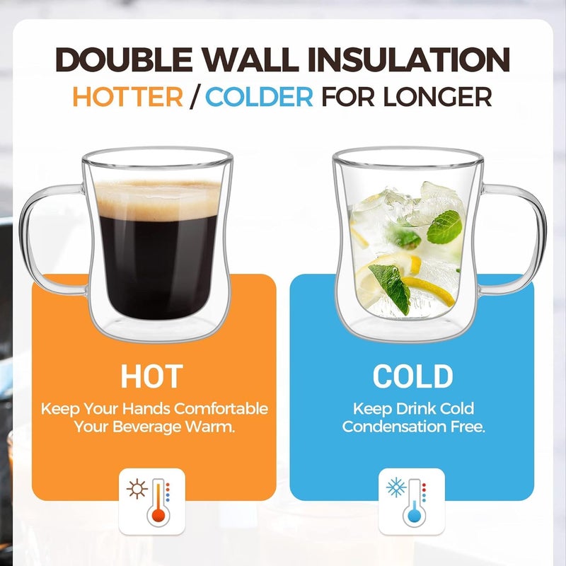 HOOJO® Double Wall Glass Coffee Mugs Set of 4, Thermal Insulated Borosilicate Glass Cappuccino Cups with Handle for Tea, Coffee, Latte, Cappuccino, Hot and Cold Drinks Beverages - Image 3