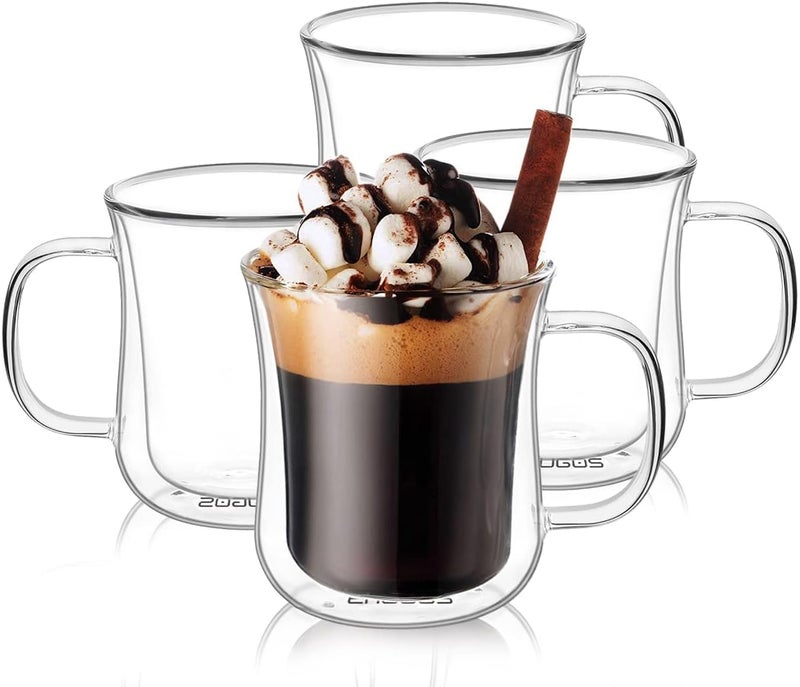 HOOJO® Double Wall Glass Coffee Mugs Set of 4, Thermal Insulated Borosilicate Glass Cappuccino Cups with Handle for Tea, Coffee, Latte, Cappuccino, Hot and Cold Drinks Beverages - Image 1