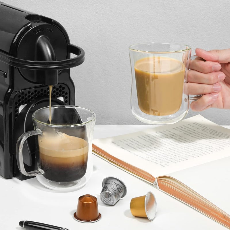 HOOJO® Double Wall Glass Coffee Mugs Set of 4, Thermal Insulated Borosilicate Glass Cappuccino Cups with Handle for Tea, Coffee, Latte, Cappuccino, Hot and Cold Drinks Beverages - Image 4
