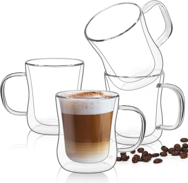 HOOJO® Double Wall Glass Coffee Mugs Set of 4, Thermal Insulated Borosilicate Glass Cappuccino Cups with Handle for Tea, Coffee, Latte, Cappuccino, Hot and Cold Drinks Beverages - Image 2