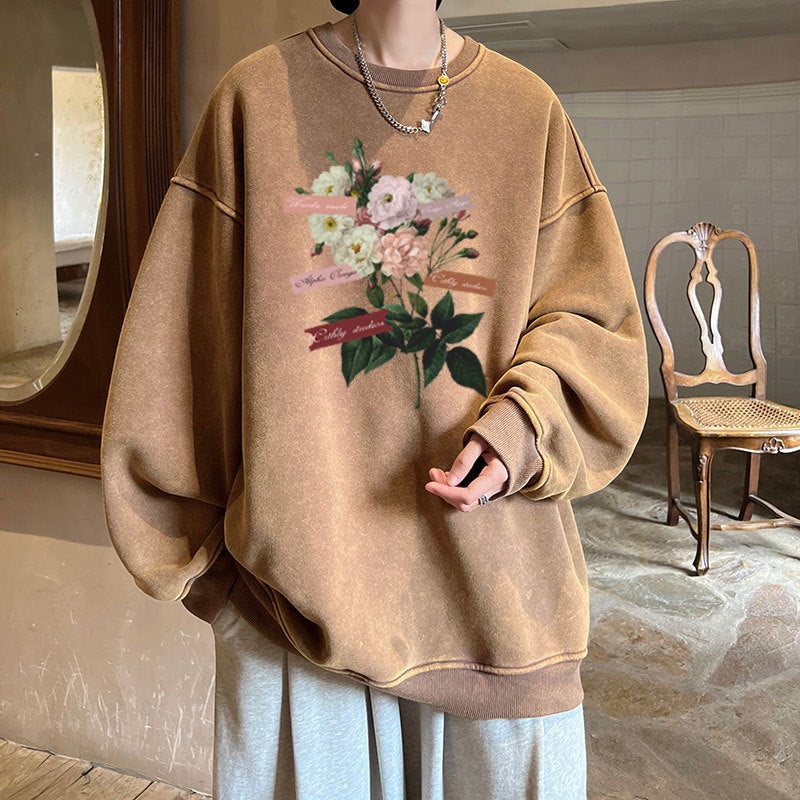 Fashionable Brand Round Neck Sweatshirt Boys Fleece-Lined Hats Top American Heavy Oversize Long Sleeve Jacket - Image 1