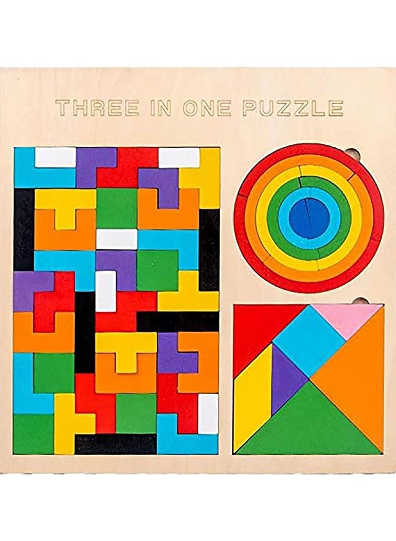 Toy Box Wooden 3 in 1 Learning & Educational Magnetic Tangrams, Tetris and Rainbow Bridge Pattern Blocks Puzzle Sorter Kids Toy - Image 1