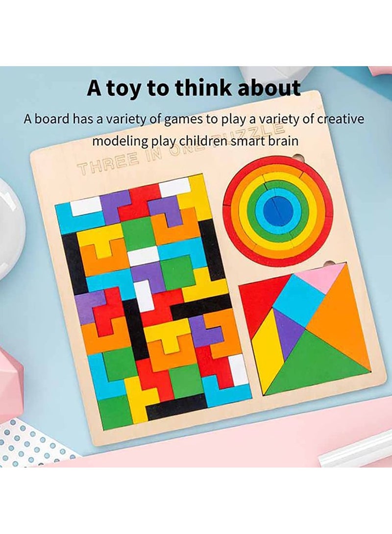 Toy Box Wooden 3 in 1 Learning & Educational Magnetic Tangrams, Tetris and Rainbow Bridge Pattern Blocks Puzzle Sorter Kids Toy - Image 2