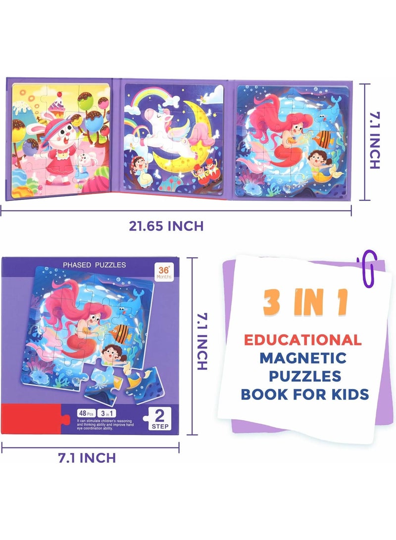 3 IN 1 KID PUZZLE: This set of mermaids magnetic puzzle has 3 parts with colorful images.There are 12, 16 and 20 puzzle pieces, 48 in total, ranging from easy to difficult, full of fun and challenges, helps kid develop motor skills and improve logical think - Image 4