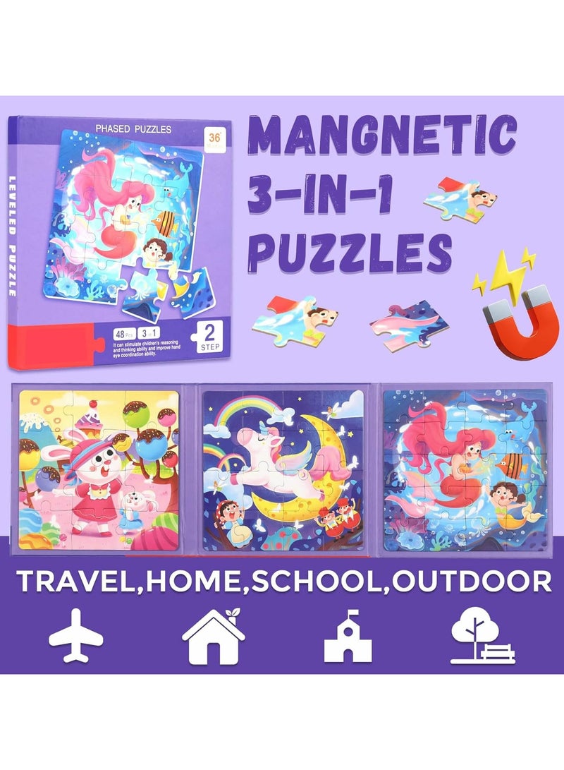 3 IN 1 KID PUZZLE: This set of mermaids magnetic puzzle has 3 parts with colorful images.There are 12, 16 and 20 puzzle pieces, 48 in total, ranging from easy to difficult, full of fun and challenges, helps kid develop motor skills and improve logical think - Image 3