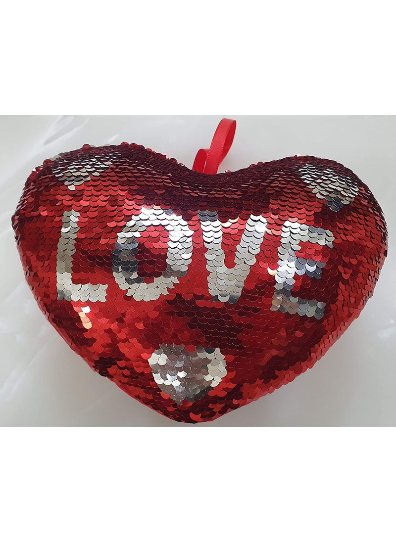 Prisma Collection Prisma Collection Smizzy Latest Heart Shaped Valentines Day Special PillowSofa Cushion with Decorative Color Changing Magic Glitter Sparkle Reversible Sequins with Love Marked Red and Silver 
