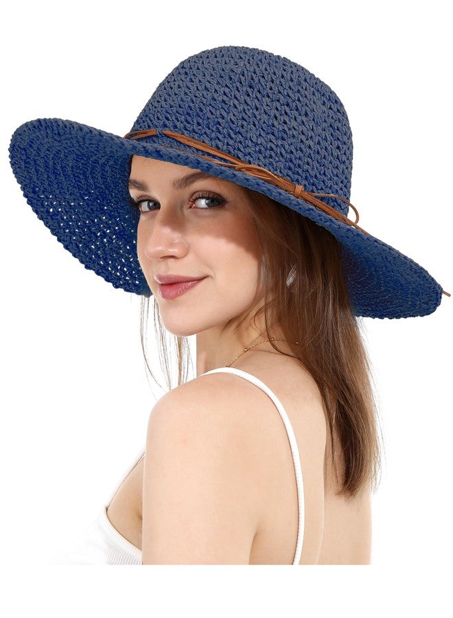 LA CARRIE Women Sun Hats Floppy Foldable Wide Brim UV UPF 50+ Straw Hat with Bow for Summer Beach(Navy) - Image 1