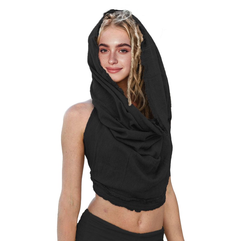 CosInStyle Women's Crop Tank Top - Halter, Boho Open Back, Cross Wrap Swimsuit Cover Ups, 100% Cotton Bathing Suit Coverup(Black, One Size) - Image 1
