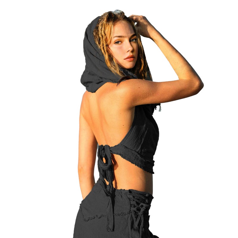 CosInStyle Women's Crop Tank Top - Halter, Boho Open Back, Cross Wrap Swimsuit Cover Ups, 100% Cotton Bathing Suit Coverup(Black, One Size) - Image 4