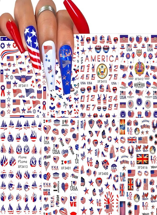 WAFOLOZE 4th of July Nail Stickers, Patriotic Nail Decals for Nails, 3D Self-Adhesive Independence Day Nail Art Stickers, American Flag Fireworks Star Nail Designs for Women Girls, 8 Sheets - Image 1
