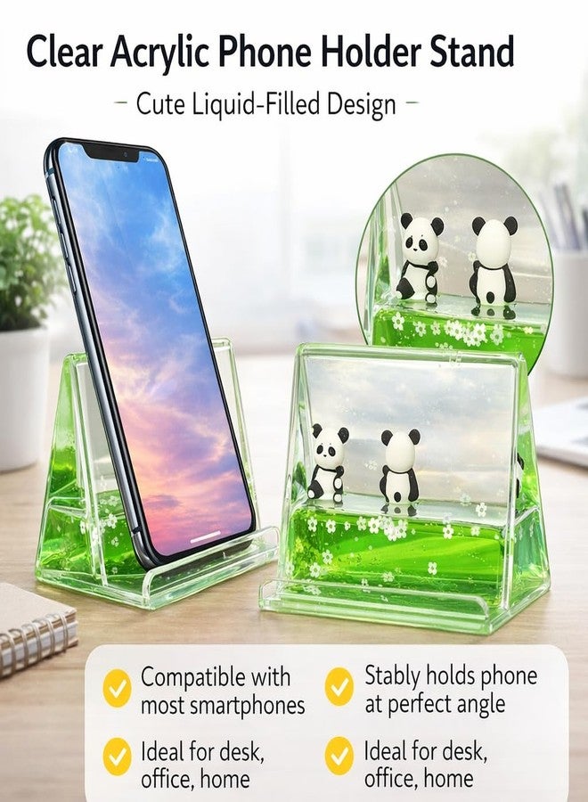 Brijvila Cute Panda Liquid Motion Phone Stand Desk Mobile Stand Green Glitter Unbreakable Acrylic Mobile Holder Decorative Smartphone Stand for Kids Home & Office Desk Accessories - Image 2
