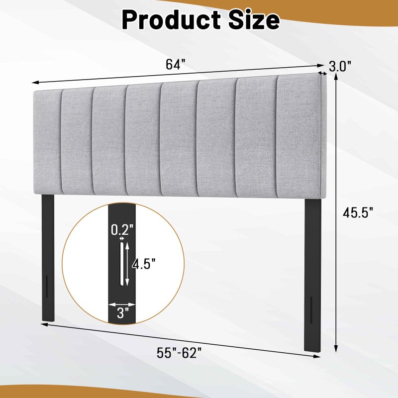 KOMFOTT Linen Upholstered Headboard for Full & Queen Size Bed, Vertical Channel Tufted Rectangular Headboard with Solid Wood Legs & Adjustable Width, Padded Bed Backboard, Easy Assembly (Gray) - Image 4