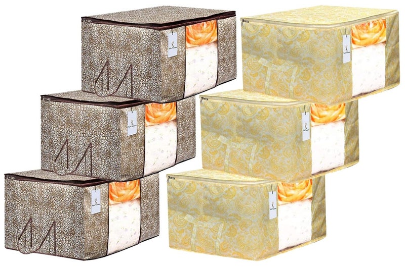 Kuber Industries Metalic Printed 6 Piece Non Woven Fabric Underbed Storage BagCloth OrganiserBlanket Cover with Transparent Window Golden Brown Gold CTKTC41153 - Image 1