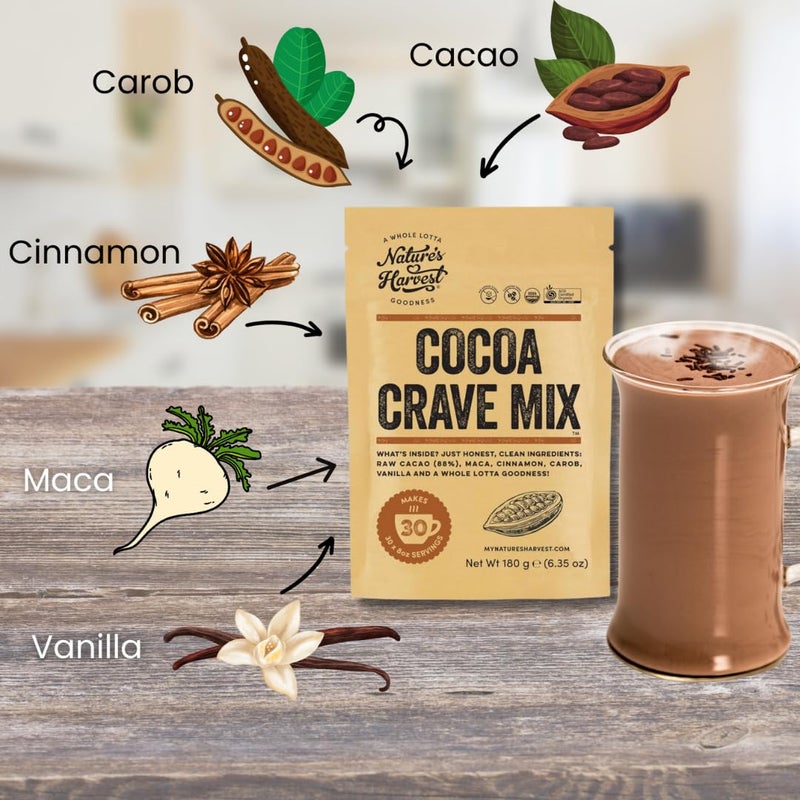 Nature's Harvest Cocoa Crave Mix - 5 Superfood Hot Chocolate Mix with Raw Organic Cacao Powder, Maca, True Cinnamon, Carob and Vanilla | Dark Chocolate Powder | Vegan, Gluten-Free, Unsweetened | 30 Servings - Image 4