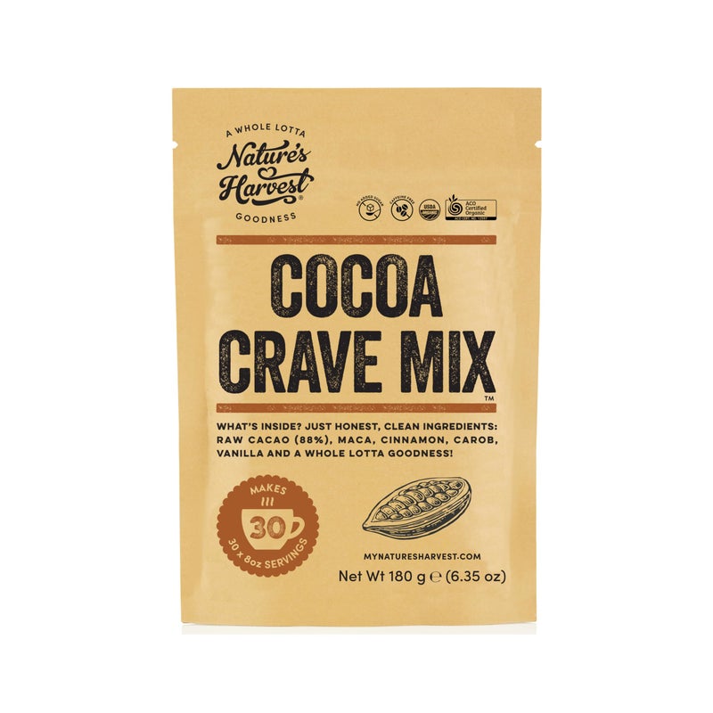 Nature's Harvest Cocoa Crave Mix - 5 Superfood Hot Chocolate Mix with Raw Organic Cacao Powder, Maca, True Cinnamon, Carob and Vanilla | Dark Chocolate Powder | Vegan, Gluten-Free, Unsweetened | 30 Servings - Image 1
