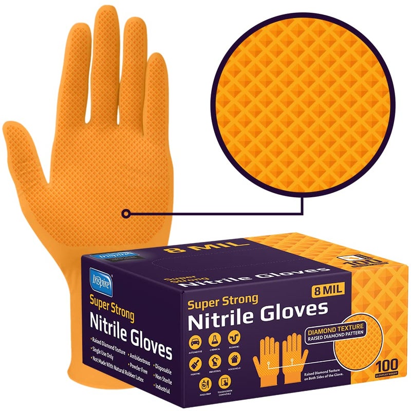 Inspire Heavy Duty Orange Nitrile Gloves Disposable Latex Free | ULTRA 8 Mil Diamond Textured Grip Disposable Cleaning Gloves | Industrial Mechanic Food Extra Large, 100 Count - Image 1