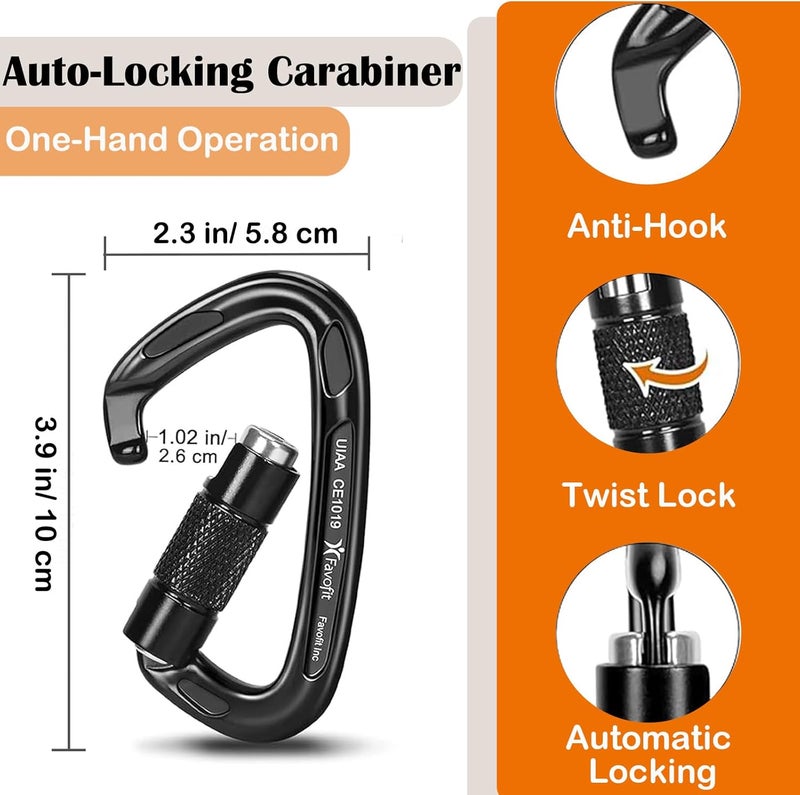 Favofit Heavy Duty Locking Climbing Carabiner - 25KN 42KN UIAA Certified Auto Lock Carabiner Clip for Arborist - 3.9'' Large Rock Climbing Hook for Hammock Rappelling Hunting - Image 4
