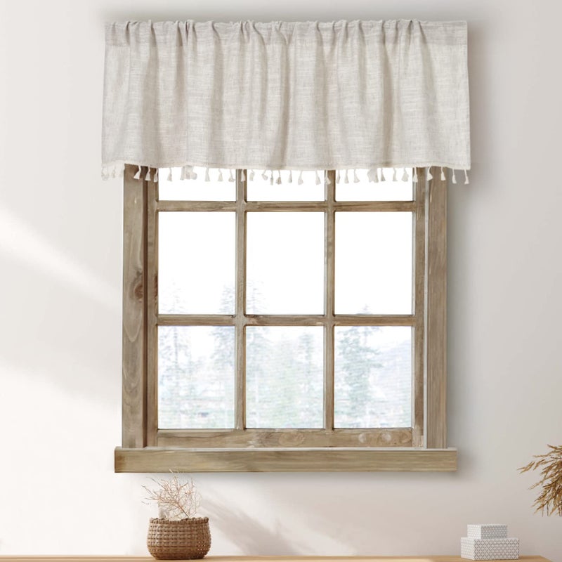 Boho Tassel Kitchen Valances for Windows Modern Farmhouse Cotton Linen Valance Curtains Topper Country Rustic Bathroom Small Window Treatment Bohemian Decor 55x15 inch Natural