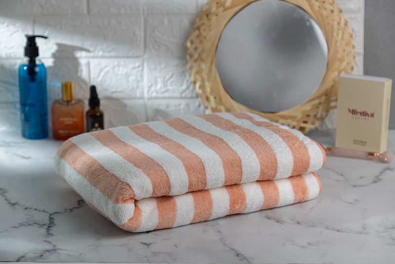 Fezora® Microfiber Bath Towels Strip | (70x140) Extra Soft Plush & Quick Dry High Absorbency Large Size Towels for Bathing (Orange & White) - Image 4