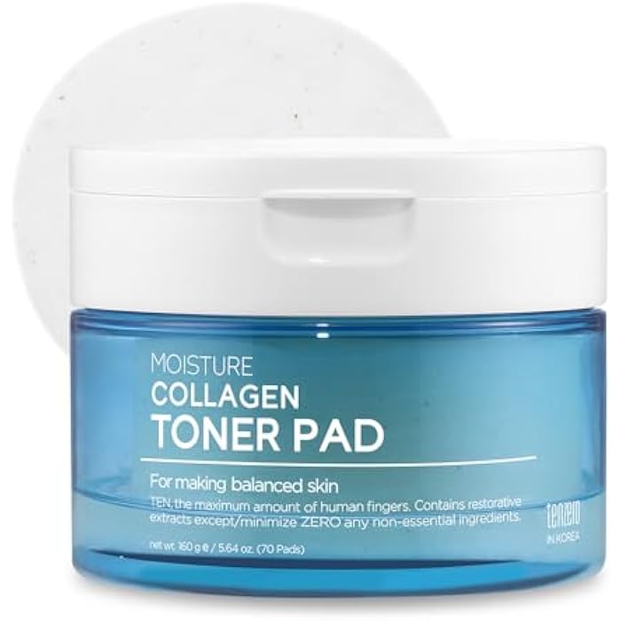 TENZERO Moisture Collagen Toner Pad (70 Count, 160g), 100% Natural Cotton, Hydrating Moisturizing Glowing Face Toner Pads, Gentle Exfoliate & Improve Elasticity, Korean Facial Toner, Dry & Dull Skin - Image 1