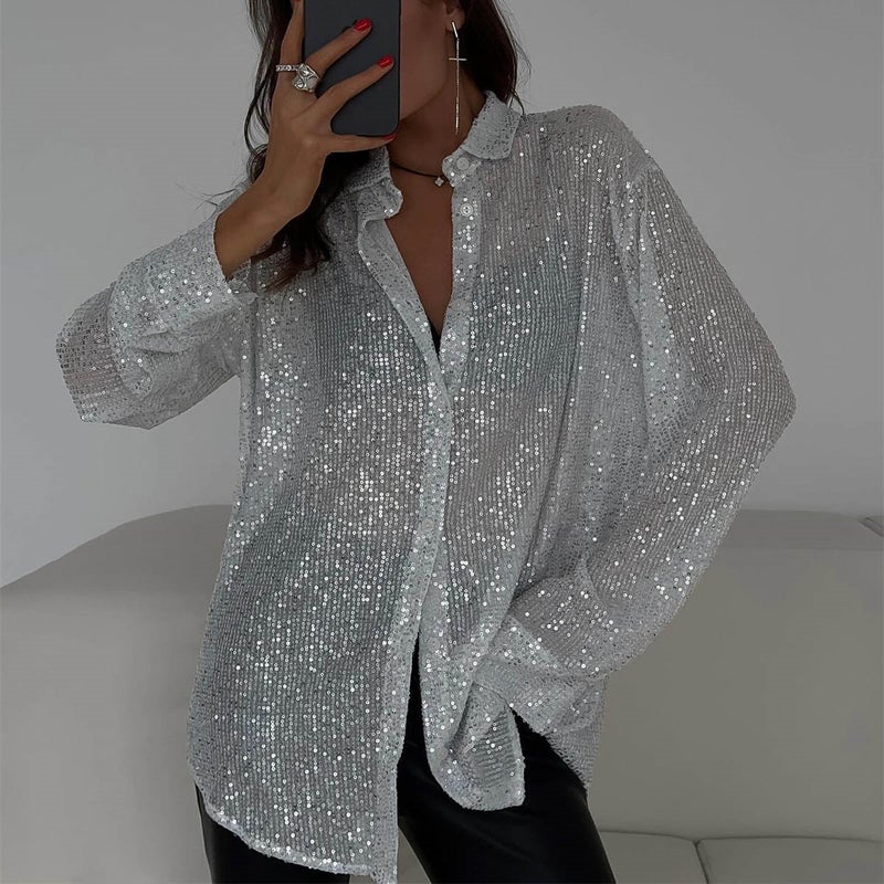 Sequined Lapel Long Sleeve Cardigan Blouse Shirt - Image 3