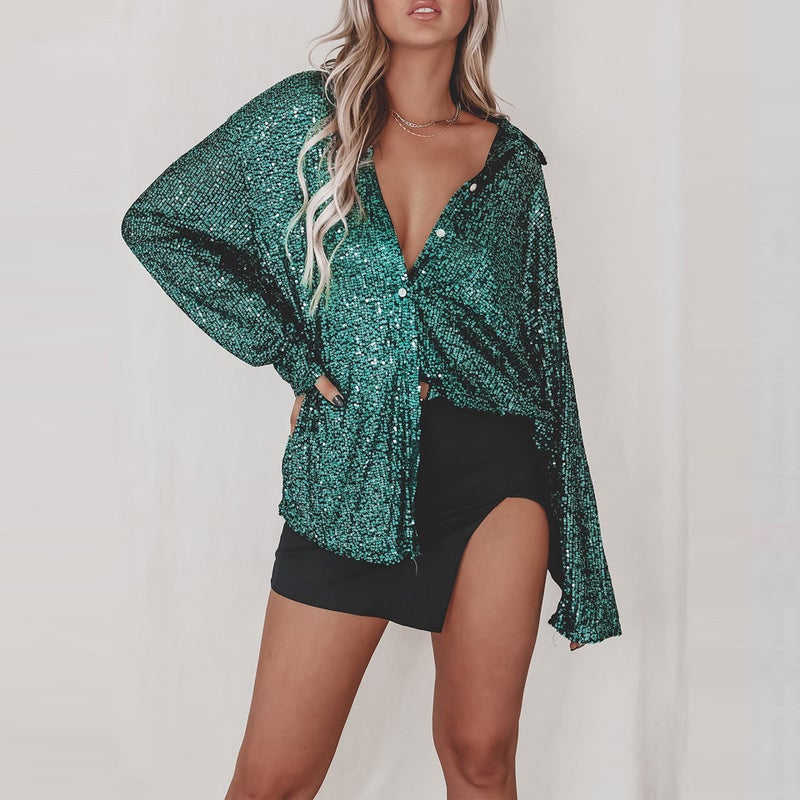 Sequined Lapel Long Sleeve Cardigan Blouse Shirt - Image 4