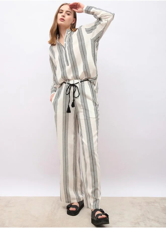 ستايلي Striped Oversized Shirt and Wide Leg Trousers Set