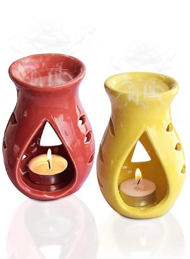 Pure Source India Ceramic Oil Burner Aroma Diffuser Set of 2 (Red & Yellow) - Image 1