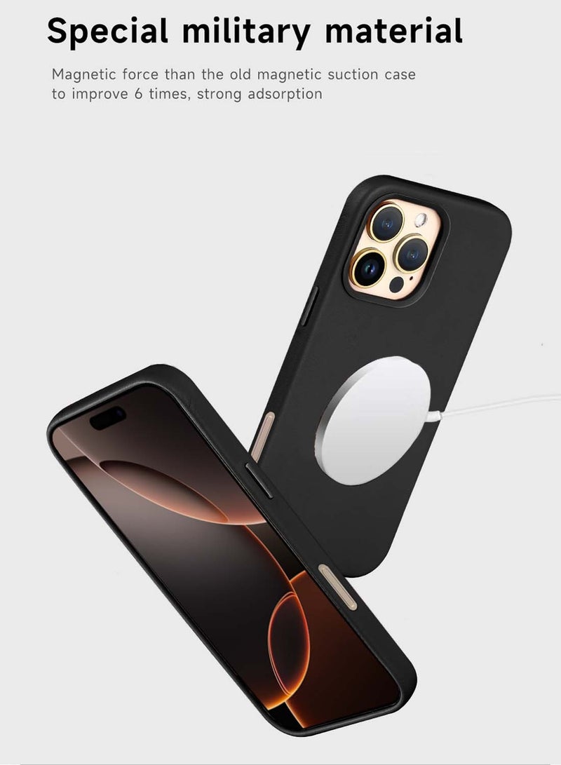 Wtech Apple iPhone 16 Pro Max 2024 Luxury Leather Magnetic Wireless Charging Case Original MagSafe Shockproof Case Cover - Black - Image 3