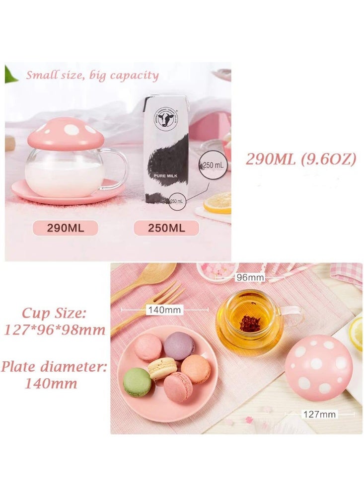 فولانري كوب شاي زجاجي لطيف على شكل فطر مع مصفاة وملعقة، إبريق شاي شفاف كاواي مع فلتر وغطاء سيراميكي وقاعدة، مقاوم للحرارة للاستخدام المنزلي والمكتبي، 290 مل (وردي) - Image 5