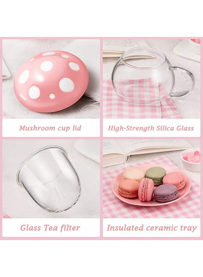 فولانري كوب شاي زجاجي لطيف على شكل فطر مع مصفاة وملعقة، إبريق شاي شفاف كاواي مع فلتر وغطاء سيراميكي وقاعدة، مقاوم للحرارة للاستخدام المنزلي والمكتبي، 290 مل (وردي) - Image 4