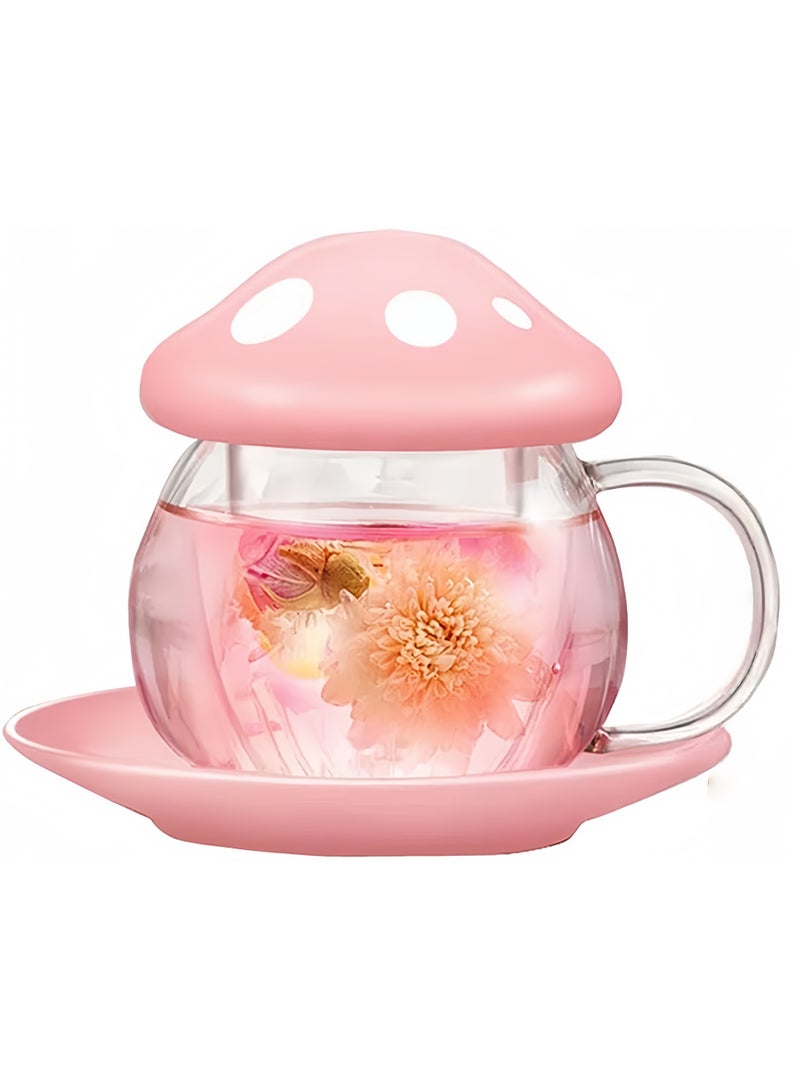 فولانري كوب شاي زجاجي لطيف على شكل فطر مع مصفاة وملعقة، إبريق شاي شفاف كاواي مع فلتر وغطاء سيراميكي وقاعدة، مقاوم للحرارة للاستخدام المنزلي والمكتبي، 290 مل (وردي) - Image 1