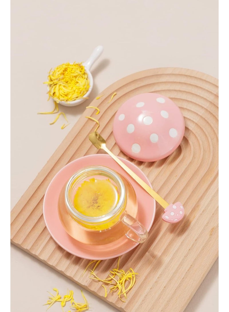 فولانري كوب شاي زجاجي لطيف على شكل فطر مع مصفاة وملعقة، إبريق شاي شفاف كاواي مع فلتر وغطاء سيراميكي وقاعدة، مقاوم للحرارة للاستخدام المنزلي والمكتبي، 290 مل (وردي) - Image 2