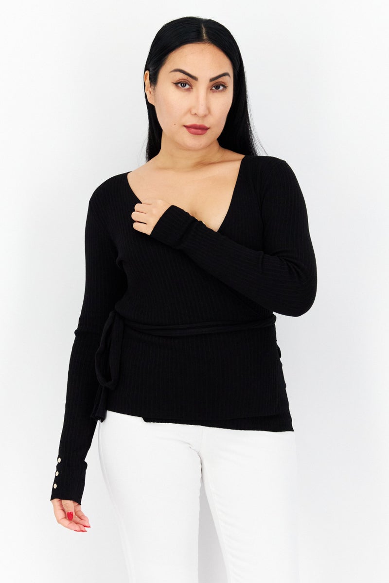 GUESS كنزة نسائية مزخرفة بأكمام طويلة مع تغليف، سوداء - Image 1