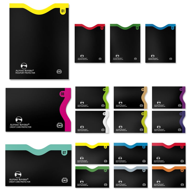 Alpine Rivers RFID Blocking Credit Card Sleeves 18-Piece Set â€“ 14 Color-Coded Card Protectors with 4 Passport Holders â€“ Slim Water-Resistant Anti-Theft Protection for Travel - Image 1